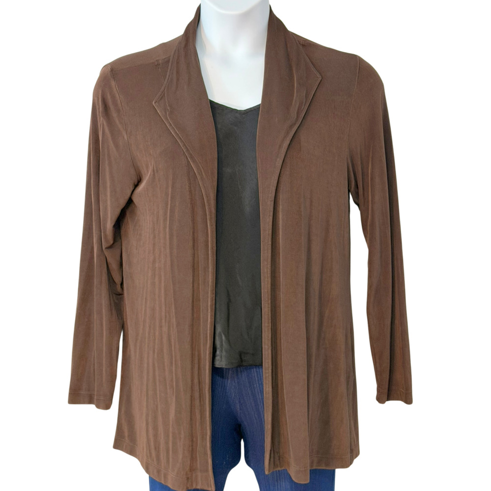 Chico’s Travelers Sz 2 L Long Open Cardigan Neutral Brown Slinky Acetate Knit